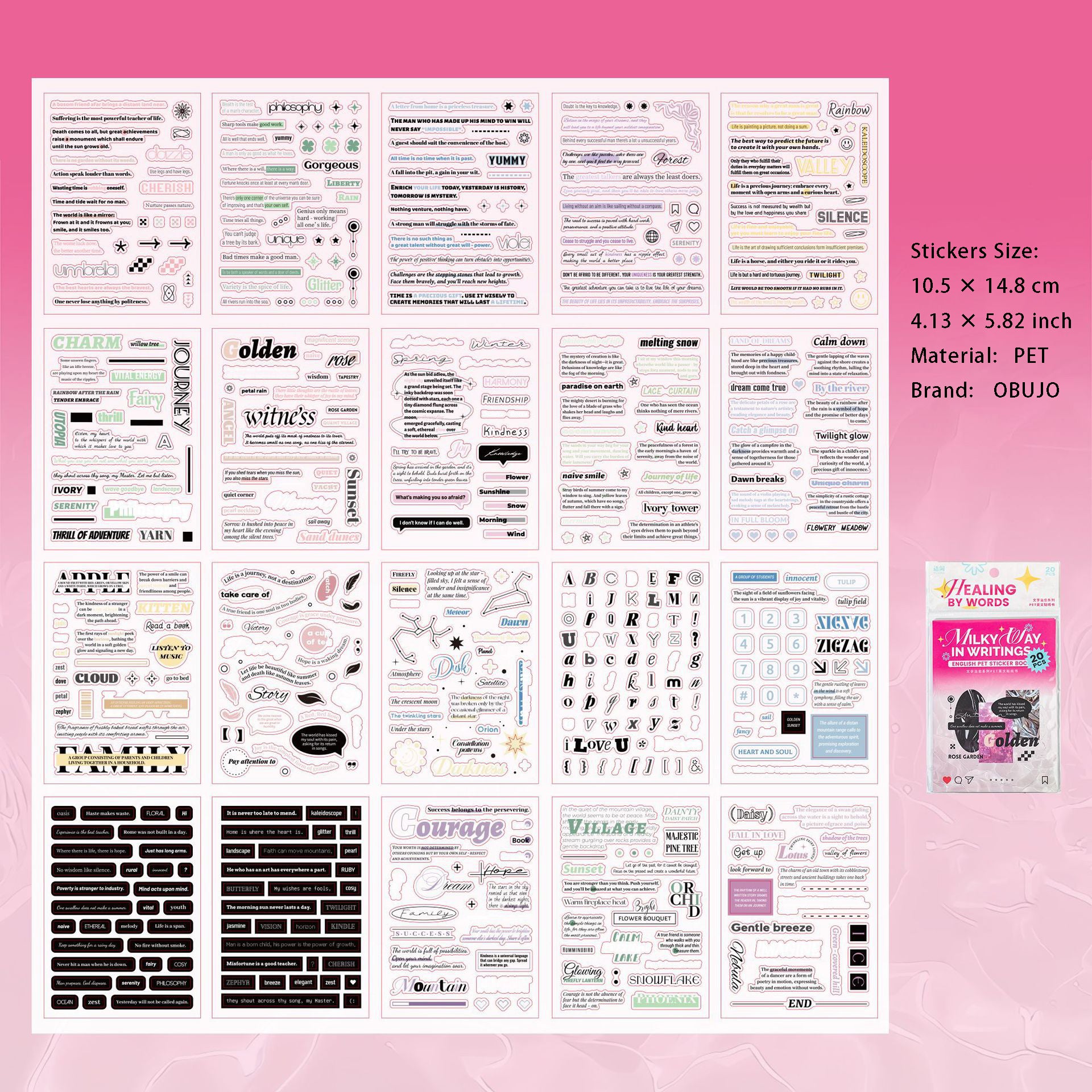 20 Sheets Quote PET Stickers Book WZZY