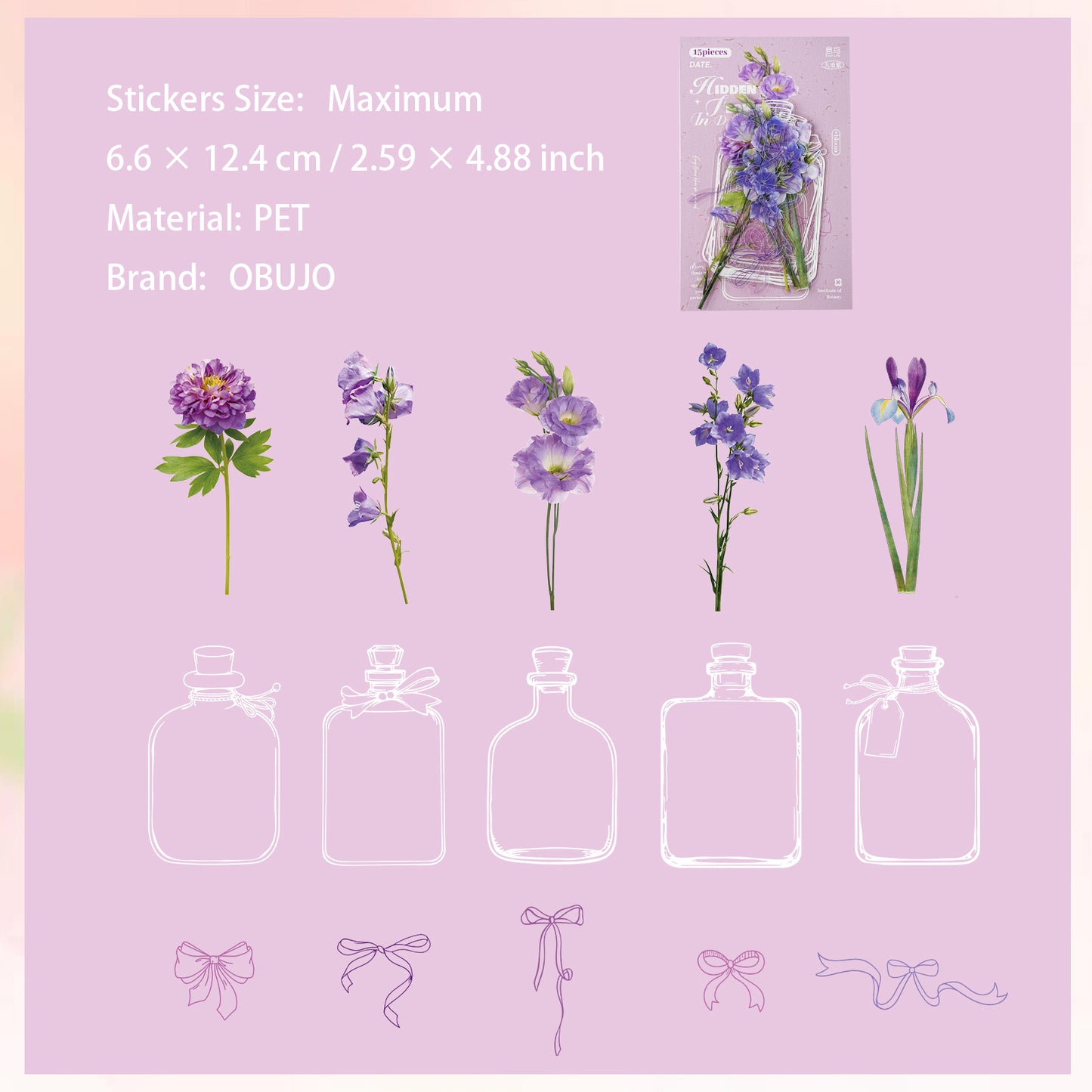 15 Pcs Flower Bottle PET Stickers CHRM