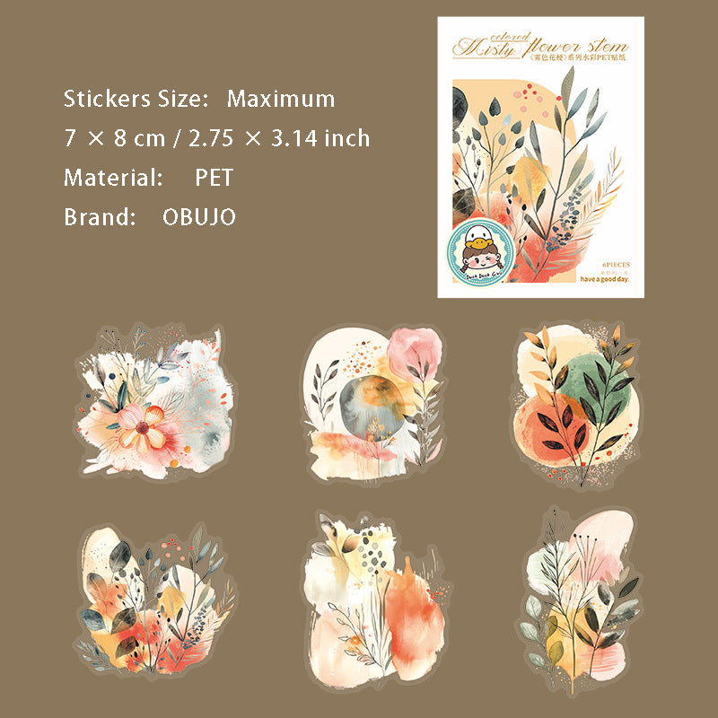 6 Pcs Watercolor Leaf PET Stickers WSHG