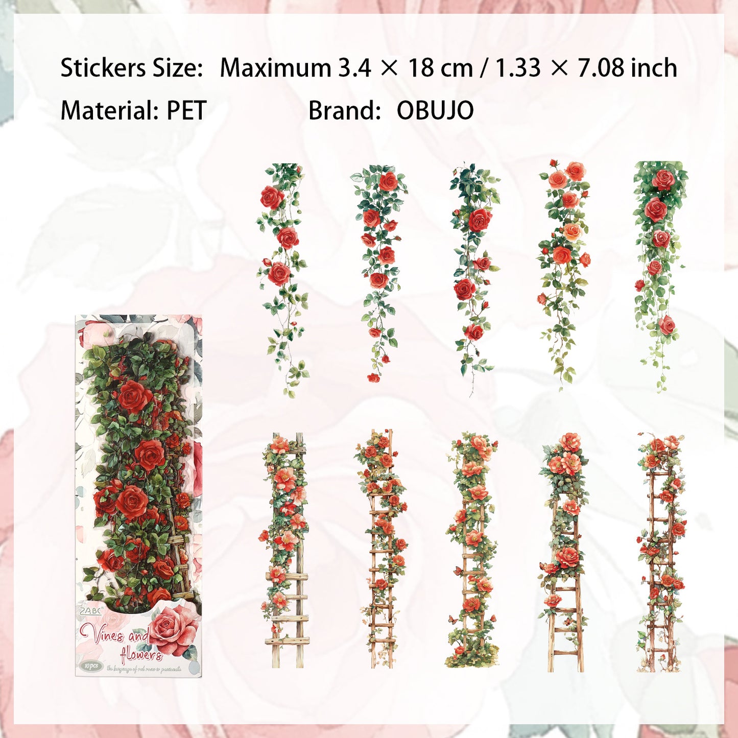 10 Pcs Flower Vine PET Stickers TQHX