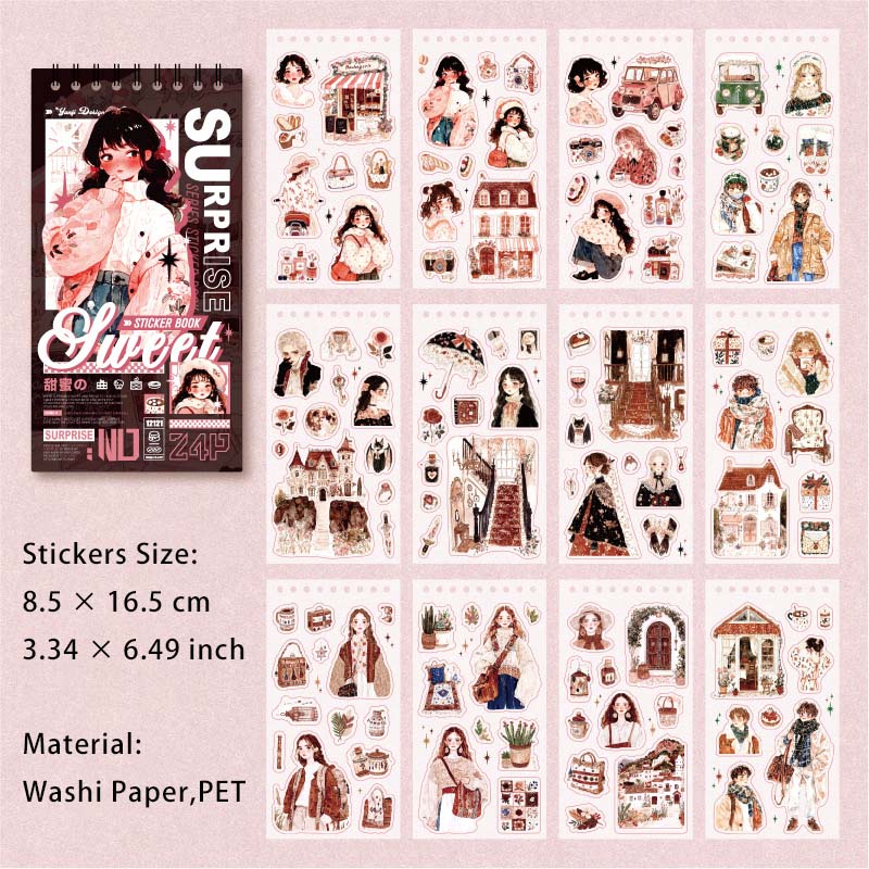 24 Sheets Sweet Girl PET and Washi Stickers Book TMJX