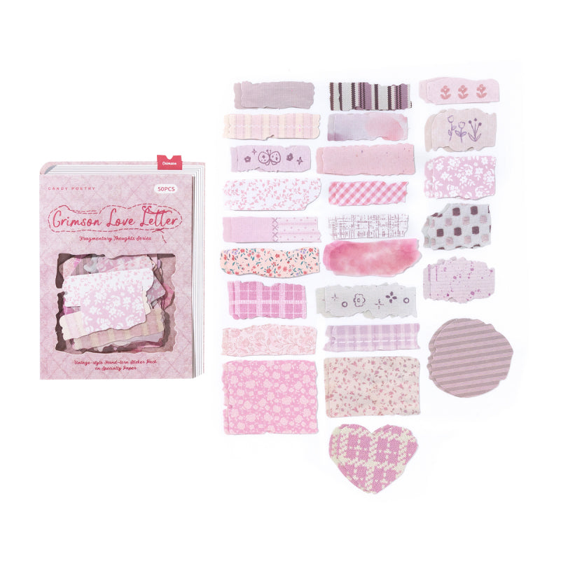 50 Pcs Japanese Vintage Hand-Torn Washi & Linen Stickers - Pastel Pink