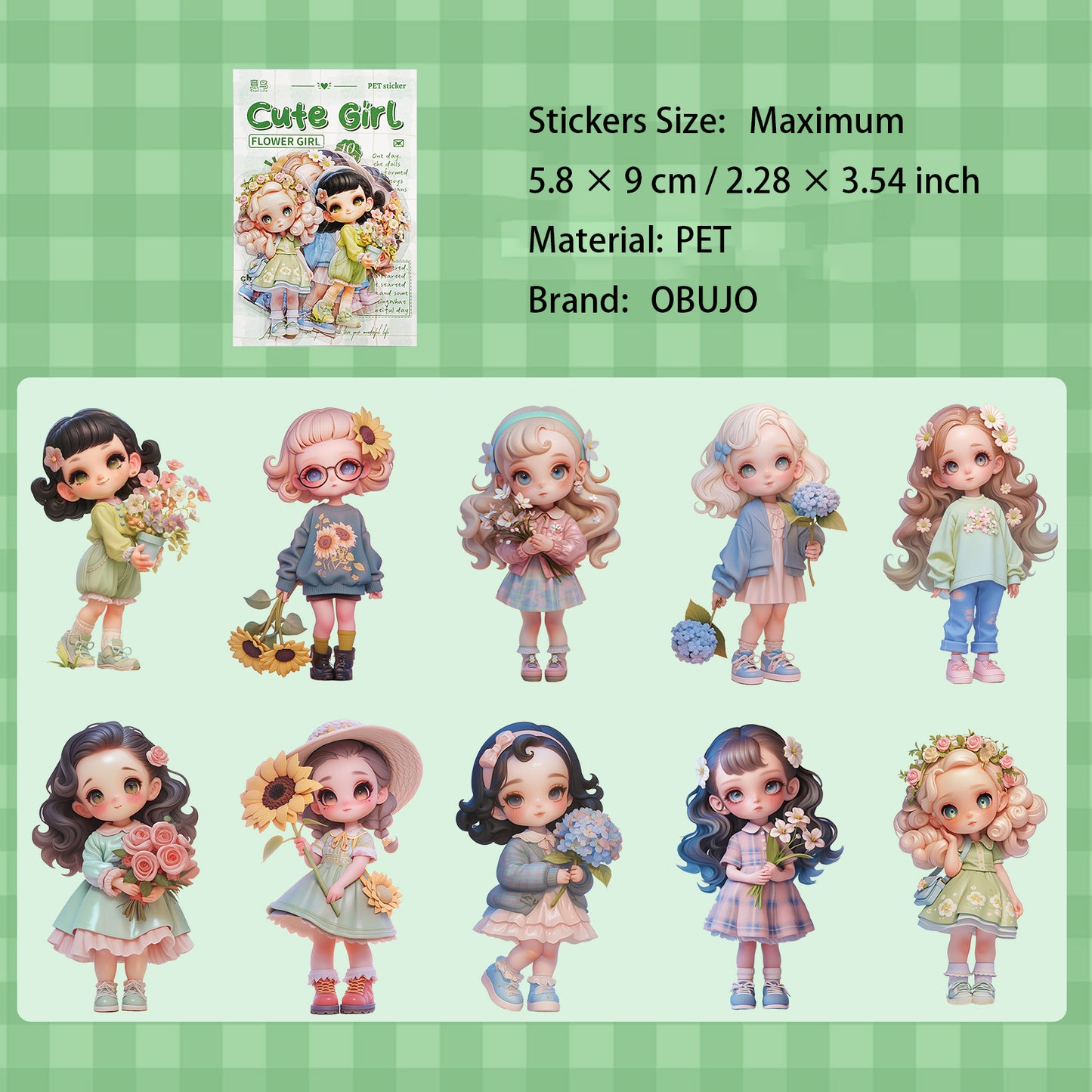 10 Pcs Carton Kids Girl PET Stickers MQSN