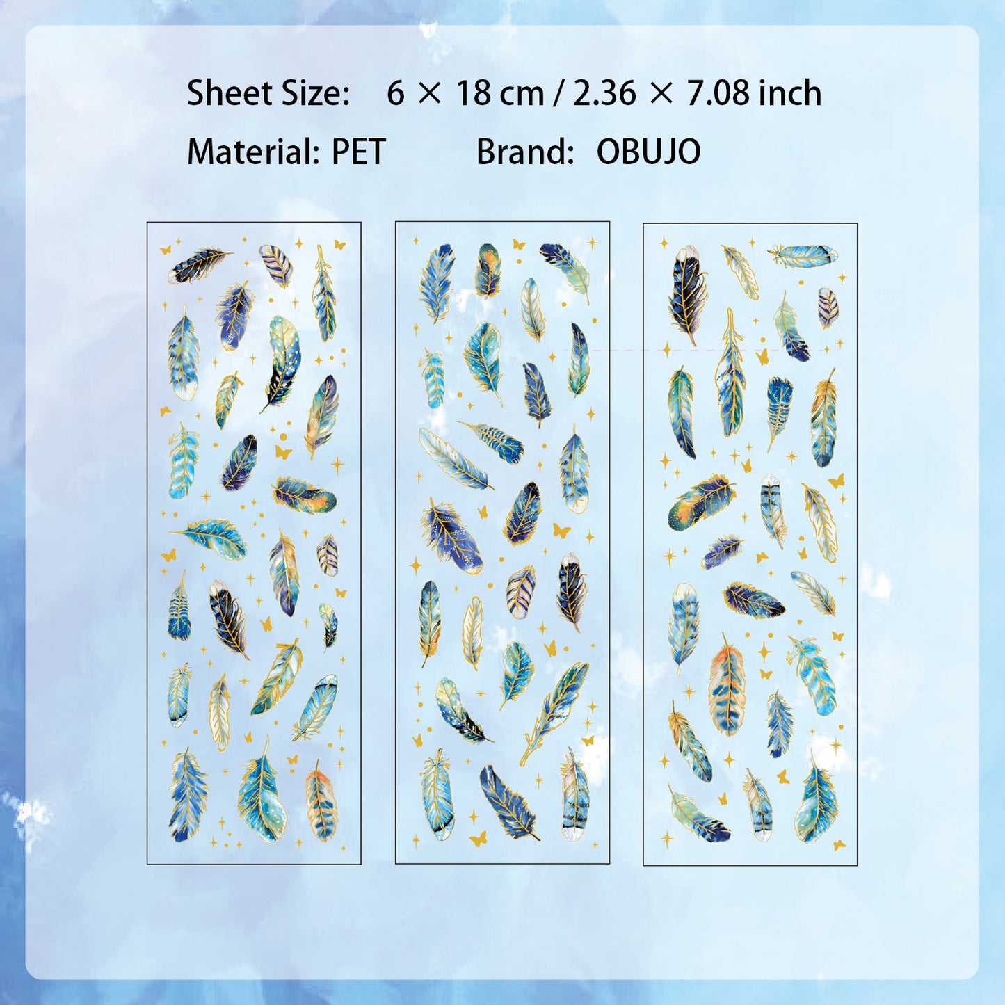 3 Sheets Gold Foil Feather PET Stickers YLWG
