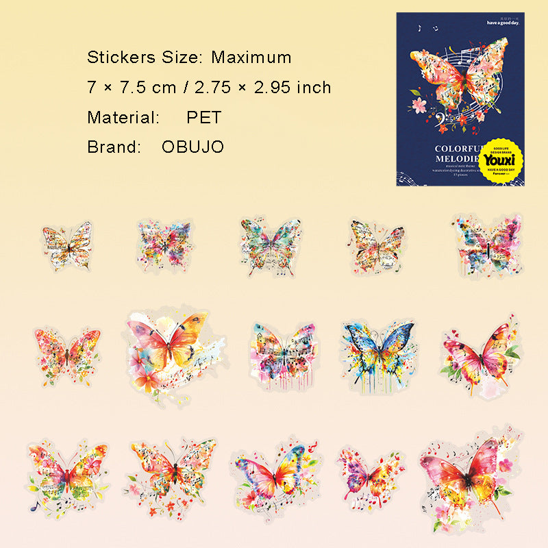 15 Pcs Watercolor Musical Notes PET Stickers CSXL