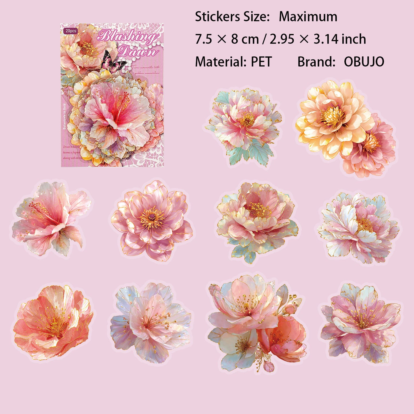 20 Pcs Gold Goil Flower PET Stickers LJHY