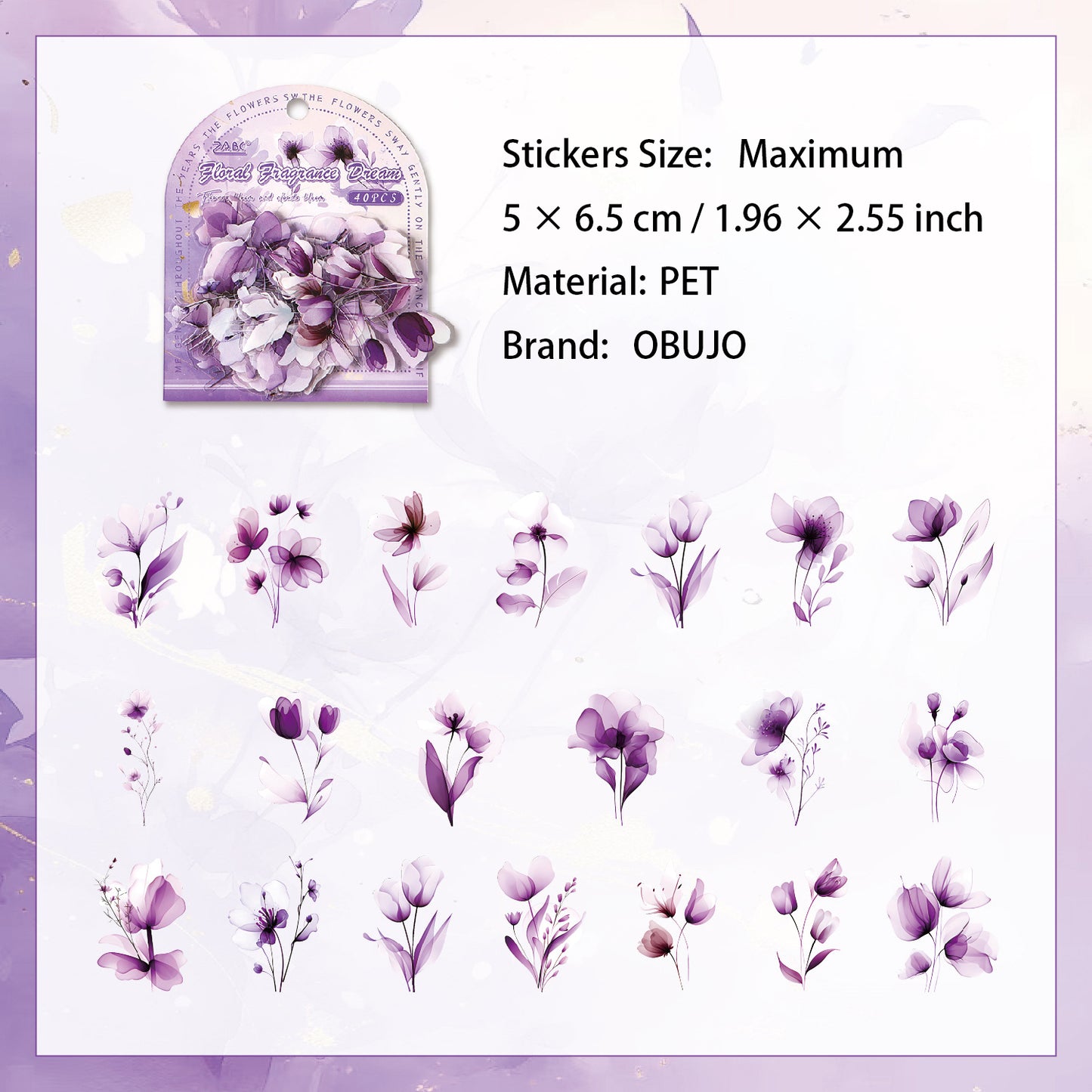 40 Pcs Watercolor Flower PET Stickers HKYS