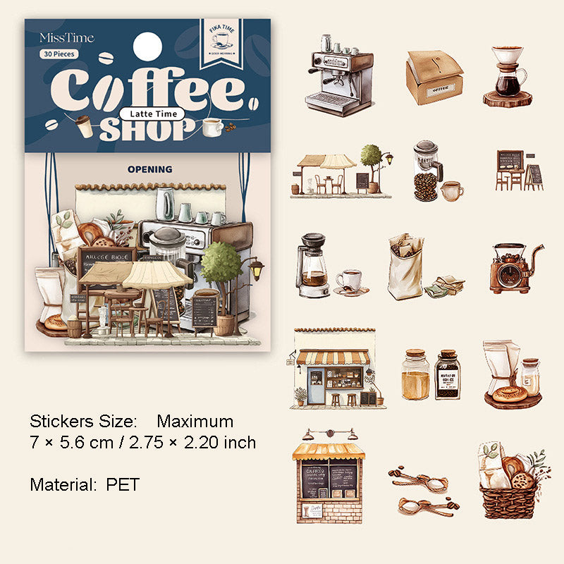 30 Pcs Coffee Shop Theme PET Stickers KFSD
