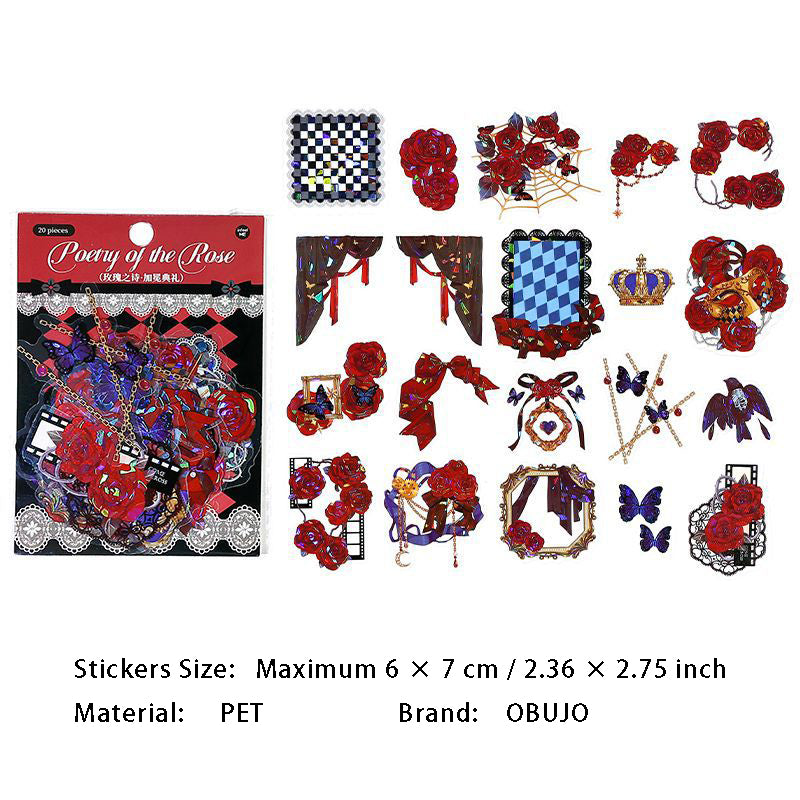 20 Pcs Rose Themed PET Stickers MGZS