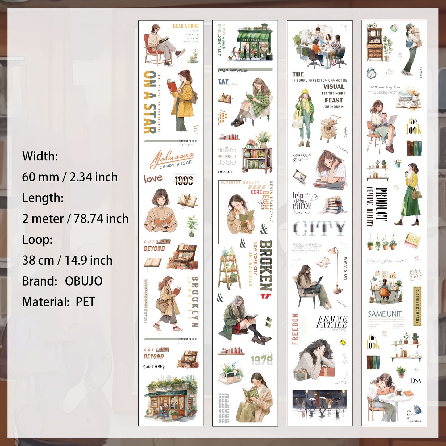 4 Rolls Reading Girl PET Sticker Tapes Set ZYJM