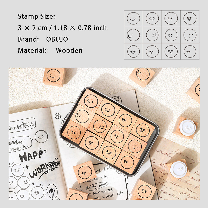 12 Pcs Cute Emoji Wooden Stamps Kit KEBQ