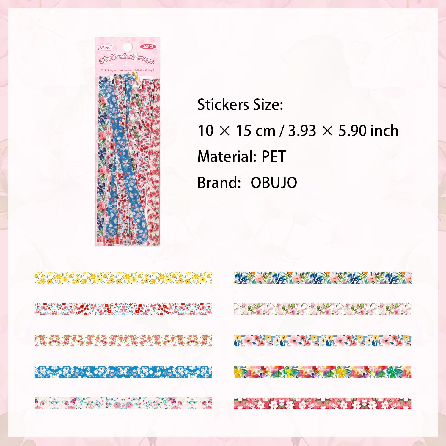 20 Pcs Floral Stripe PET Stickers HXCY