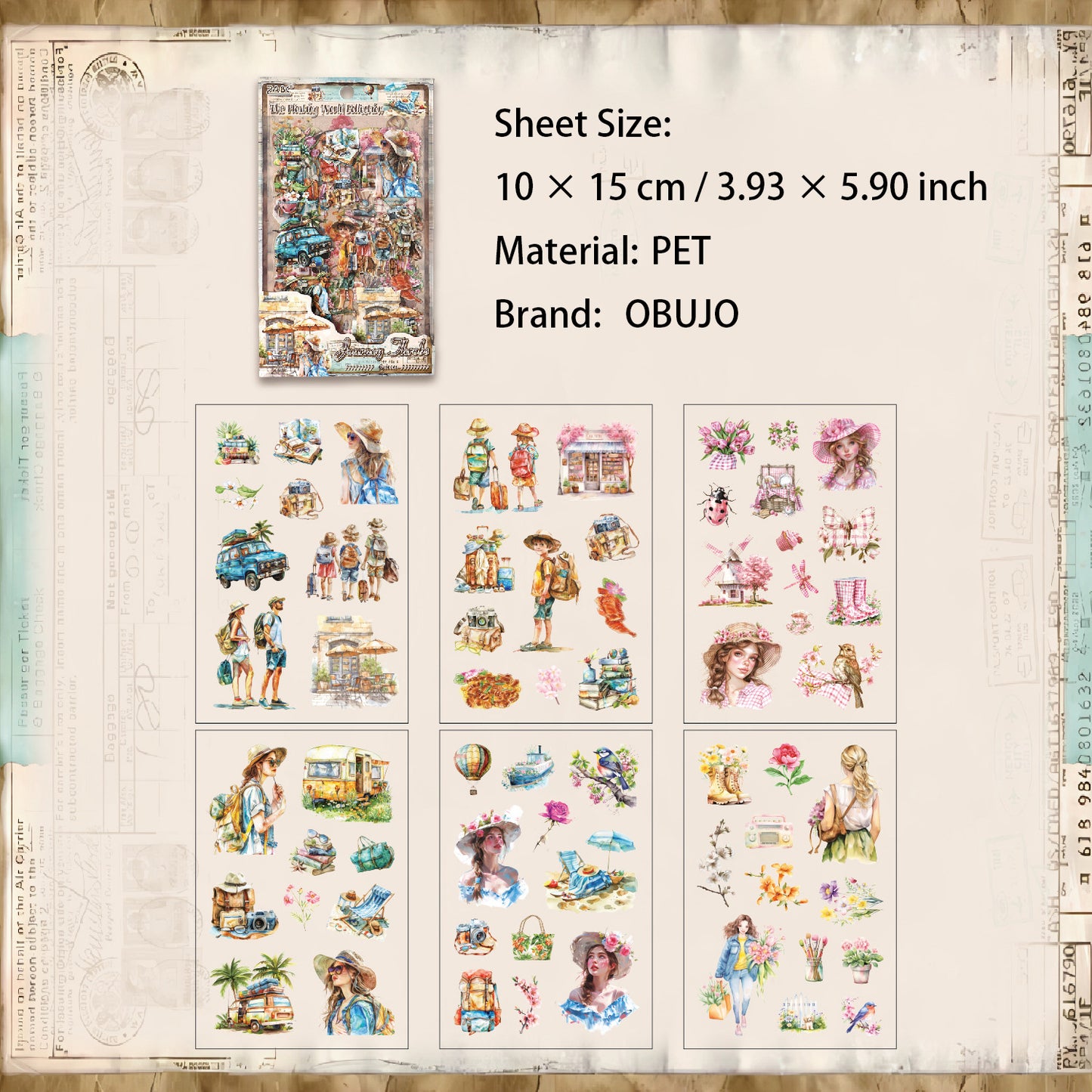 6 Sheets Vintage PET Stickers FSJC