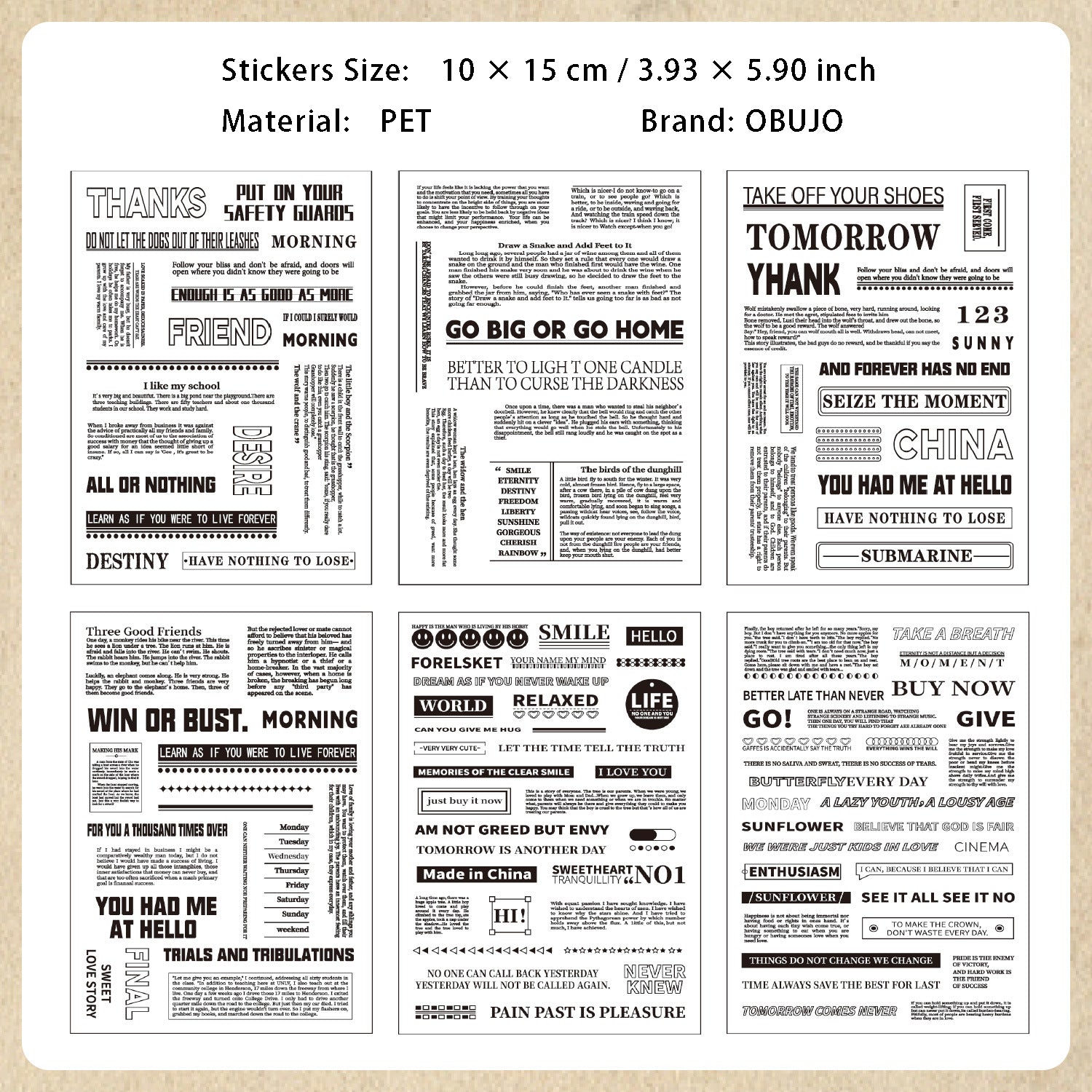 6 Sheets Quote Words PET Stickers JWLX