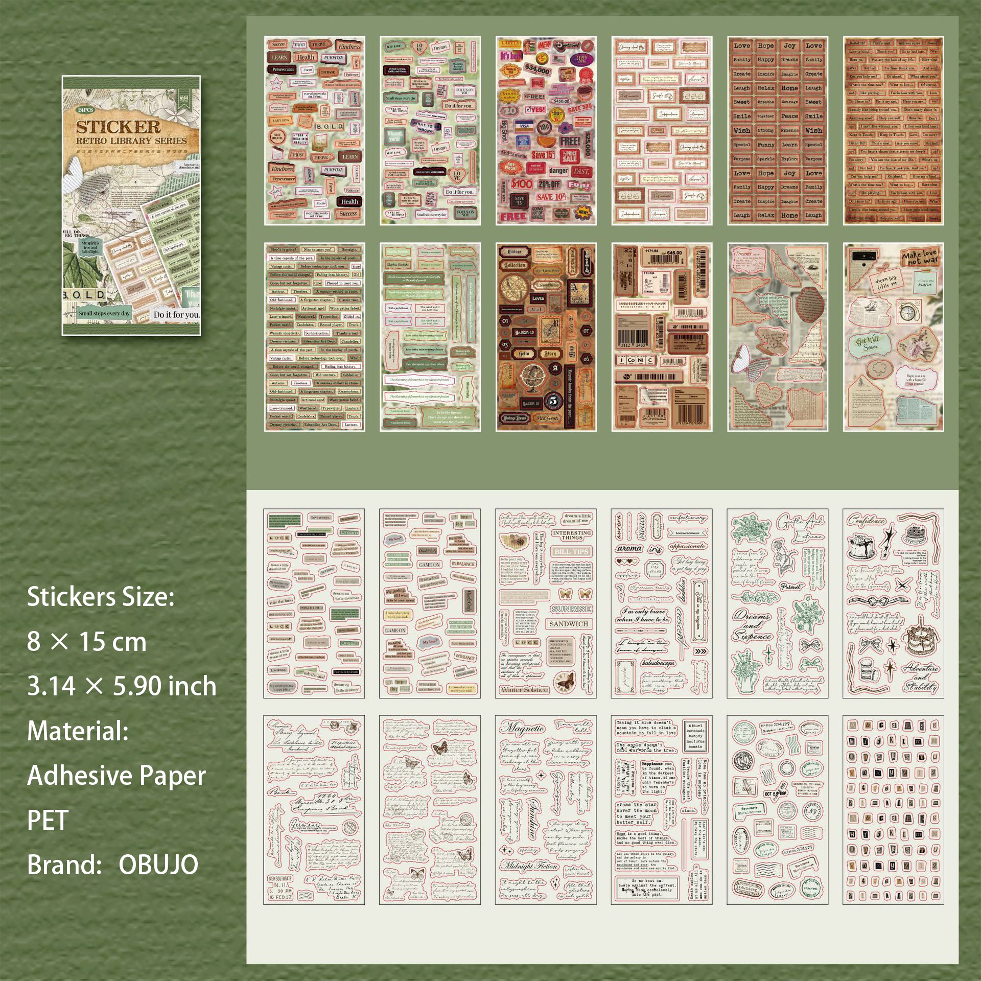 24 Sheets Vintage Words Quote Stickers Book FGCSS