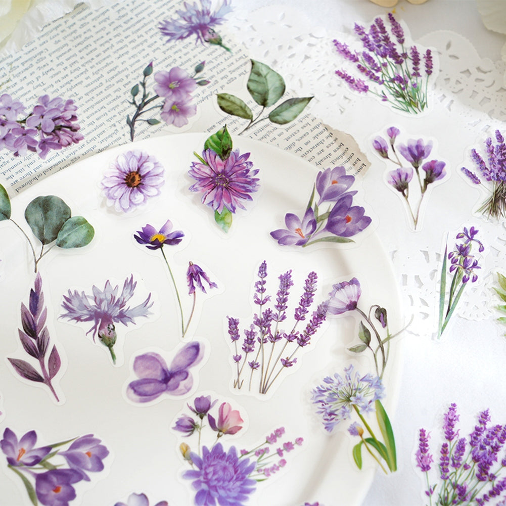 100 Pcs Watercolor Botanical Flowers Stickers - Purple