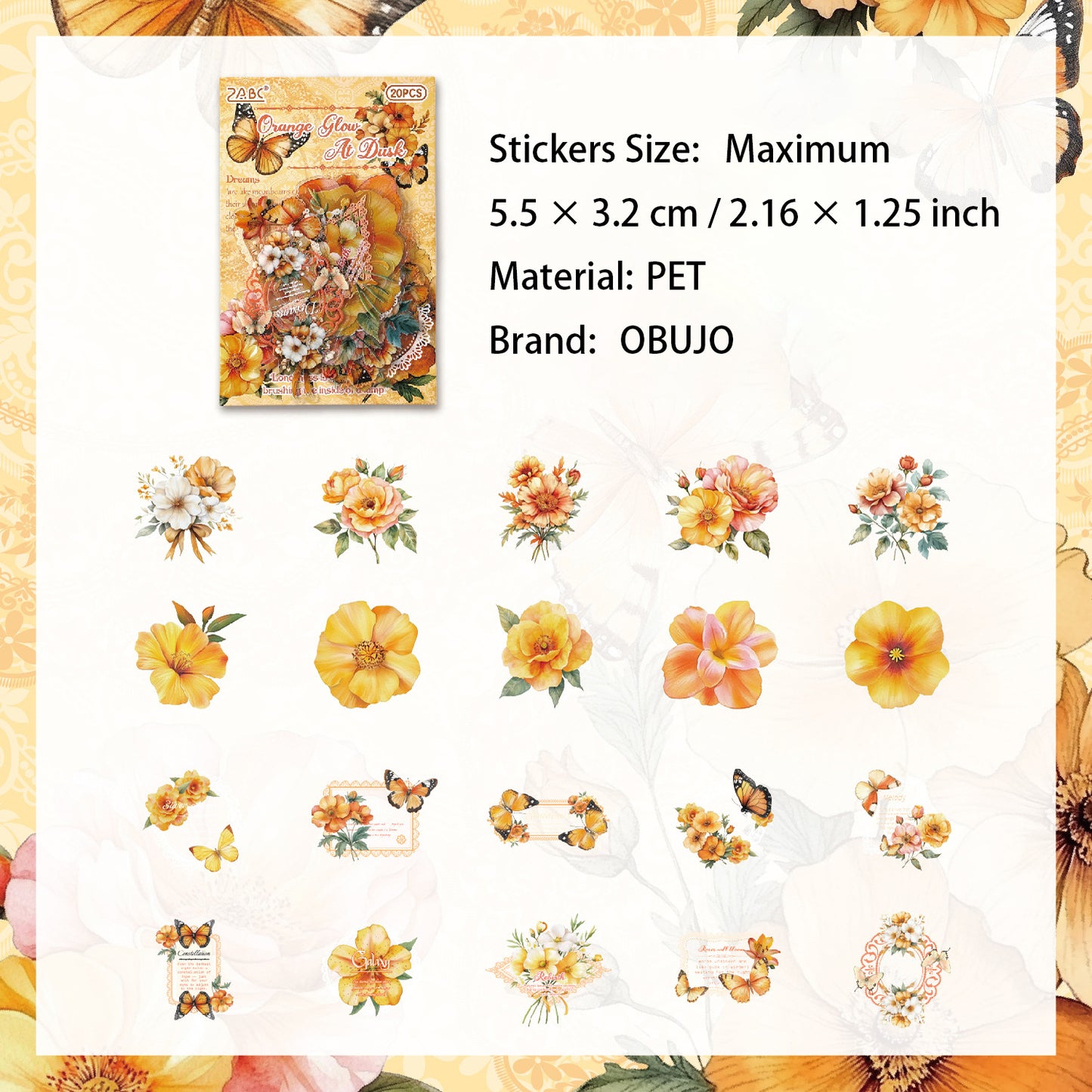 20 Pcs Vintage Flower PET Stickers FGHS