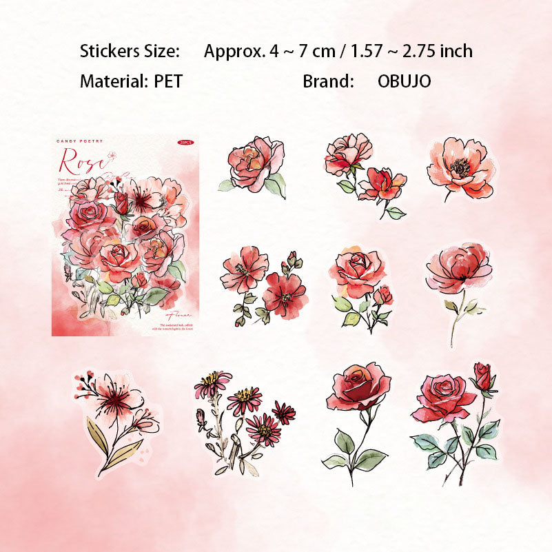 20 Pcs Watercolor Flower PET Stickers FHRM