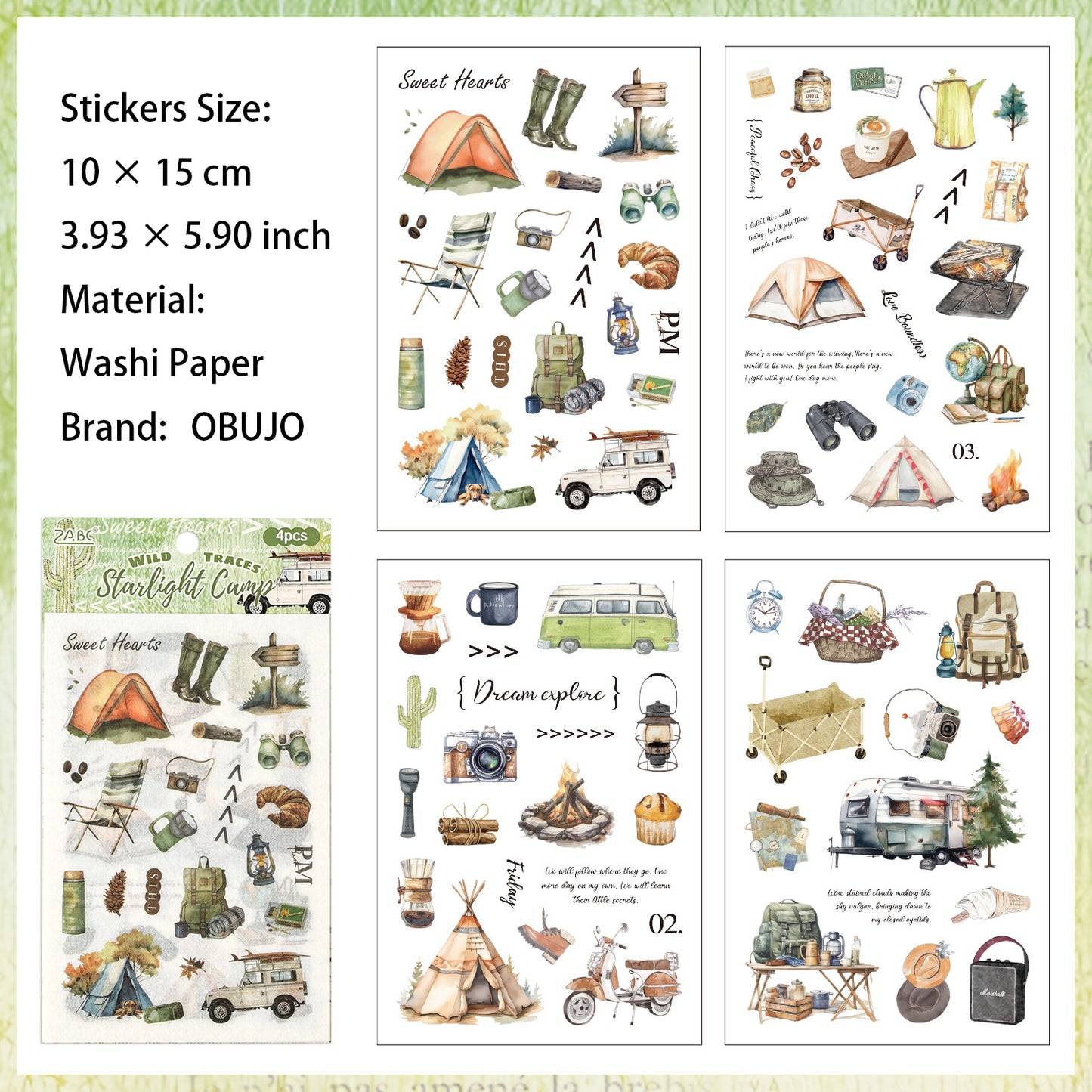 4 Sheets Camping Themed Washi Stickers YYXL