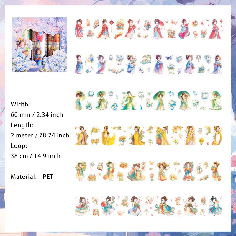 6 Rolls Chinese Classic Girl PET Stickers Tape BCQH