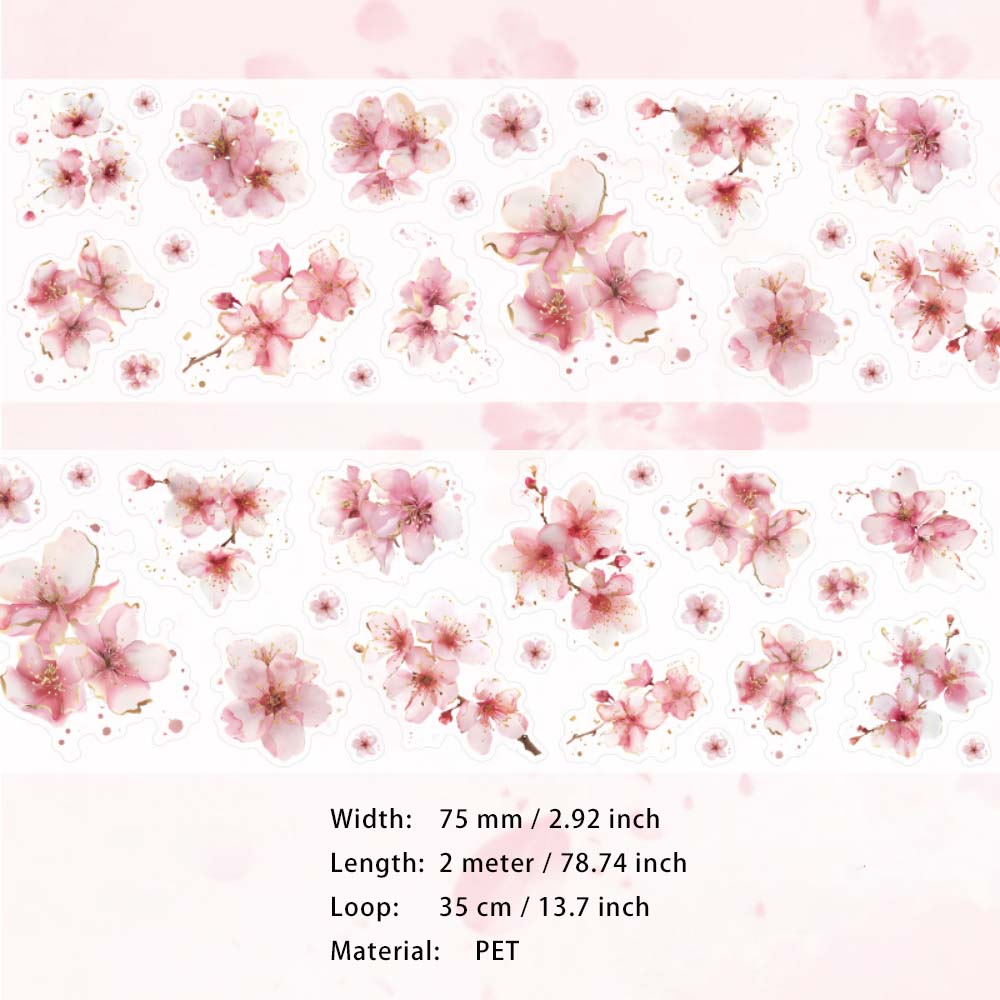 1 Roll Pre-cut Sakura Cheery Blossom PET Stickers Tape XDYJ