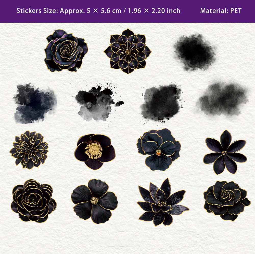 30 Pcs Gilitter Black Flower PET Stickers YSXL