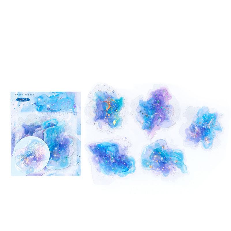 10 Pcs Holographic Silver Alcohol Ink PET Stickers - Universe