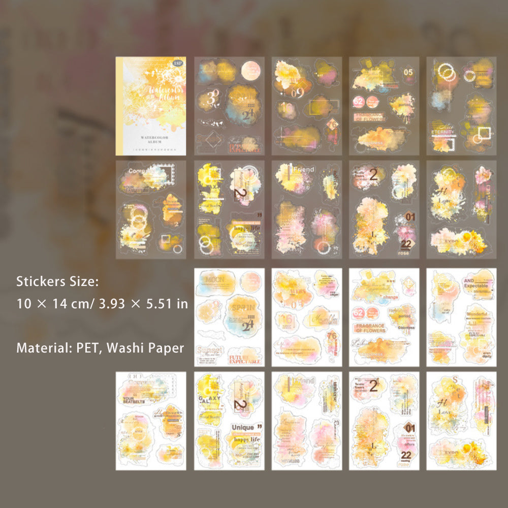 18 Sheets Watercolor PET Stickers Book SCHC