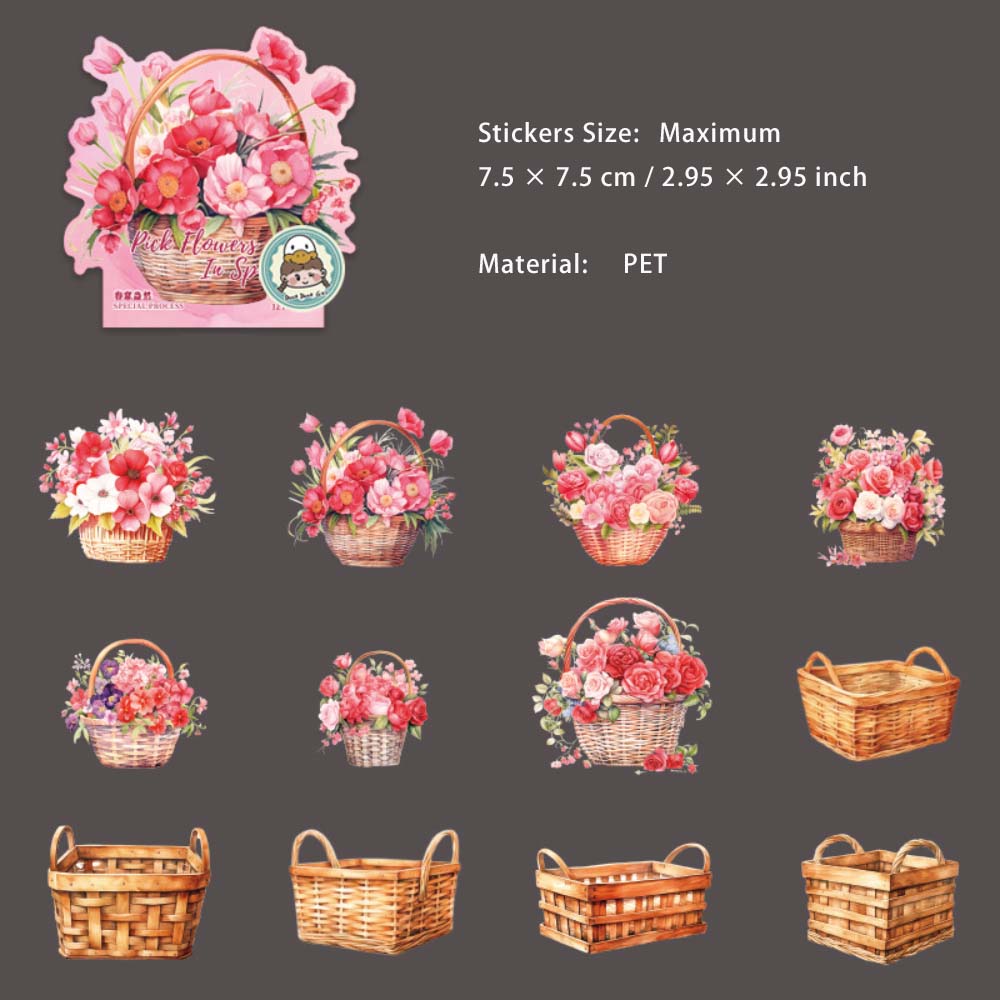 12 Pcs Flower Basket PET Stickers CRCH