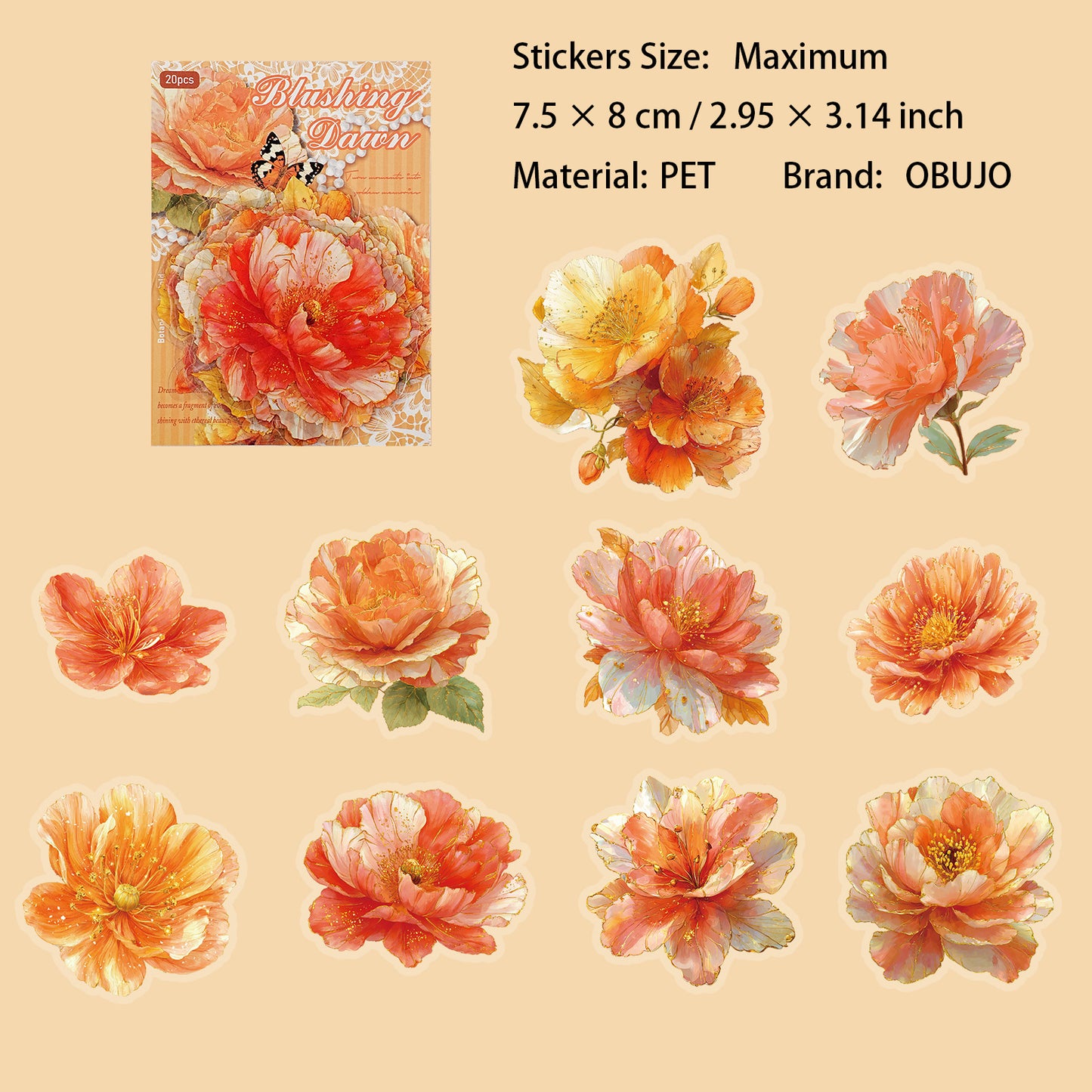 20 Pcs Gold Goil Flower PET Stickers LJHY
