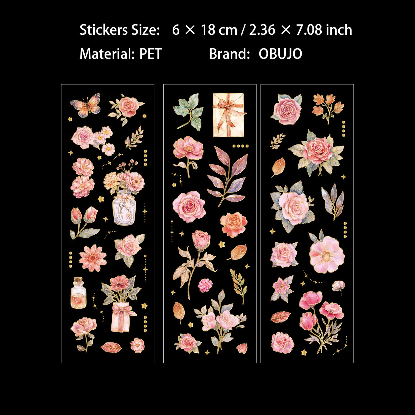 3 Sheets Gold Foil Vintage Flower Stickers WYJX