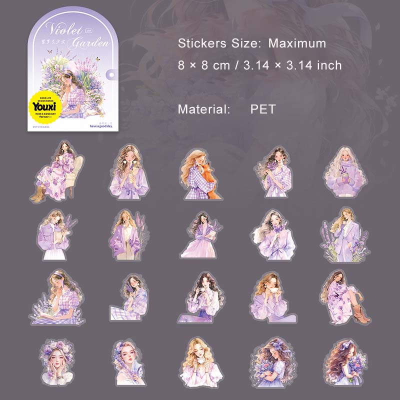 20 Pcs Purple Flower Girl Garden PET Stickers ZLLHY
