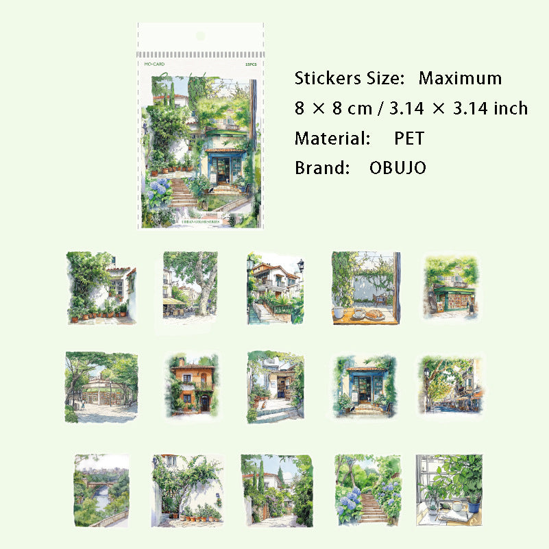 15 Pcs Watercolor Landscape PET Stickers CSSC