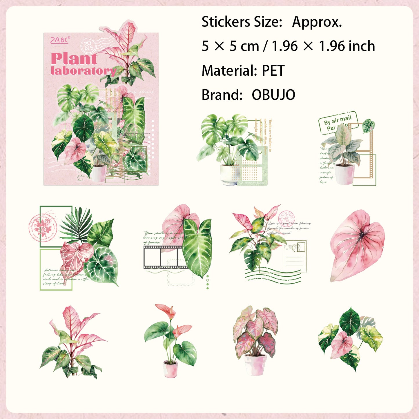 20 Pcs Green Leaf Collage PET Stickers ZWSYS