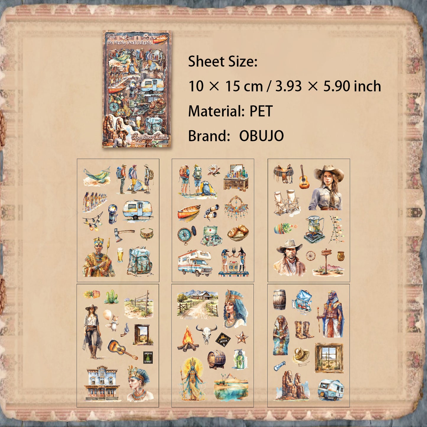 6 Sheets Vintage PET Stickers FSJC