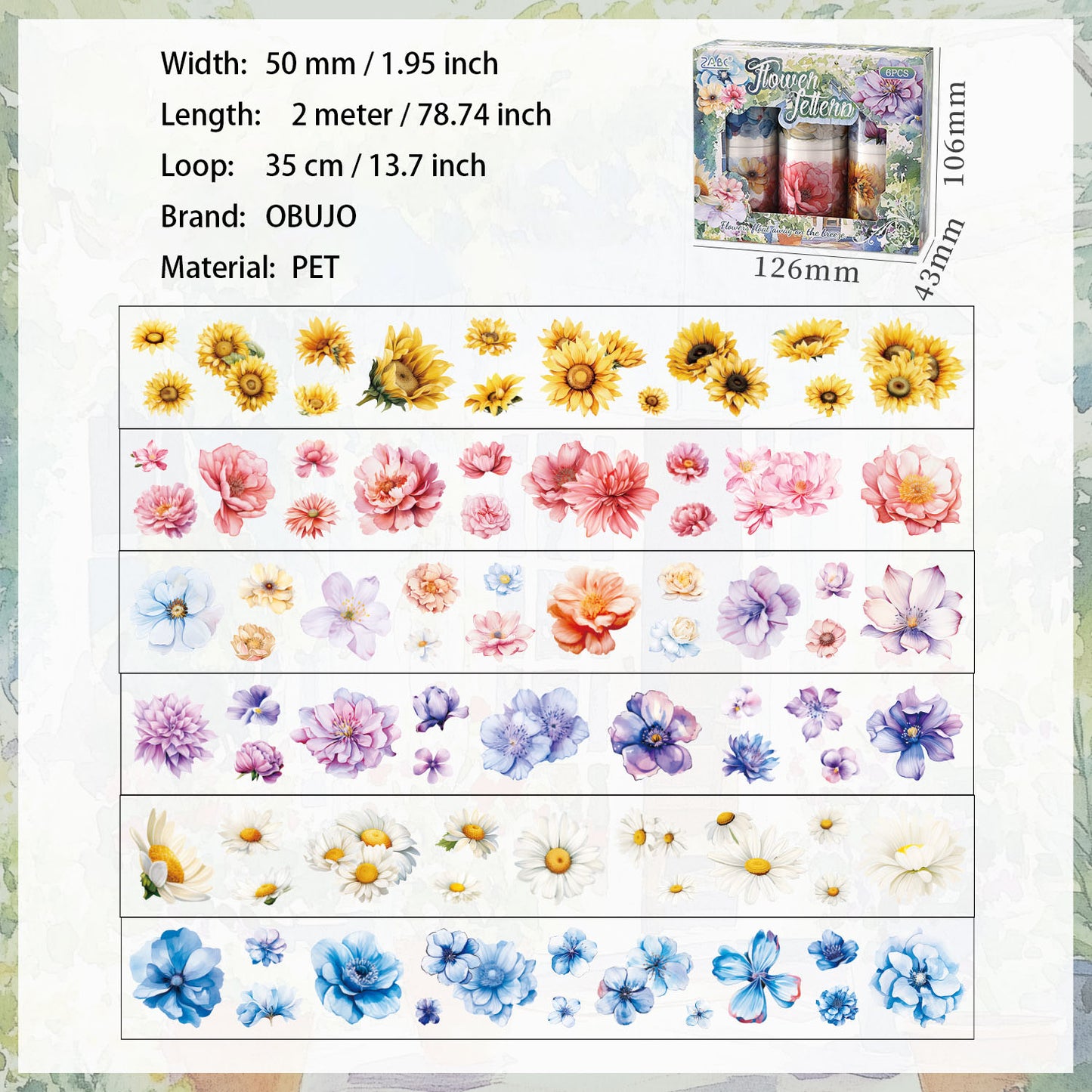 6 Rolls Flowers PET Stickers Tapes Set RRZX