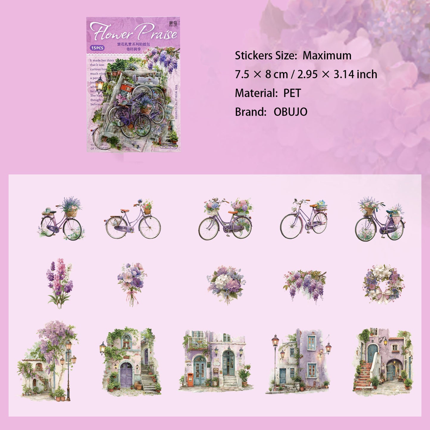 15 Pcs Floral Themed PET Stickers FHLZ