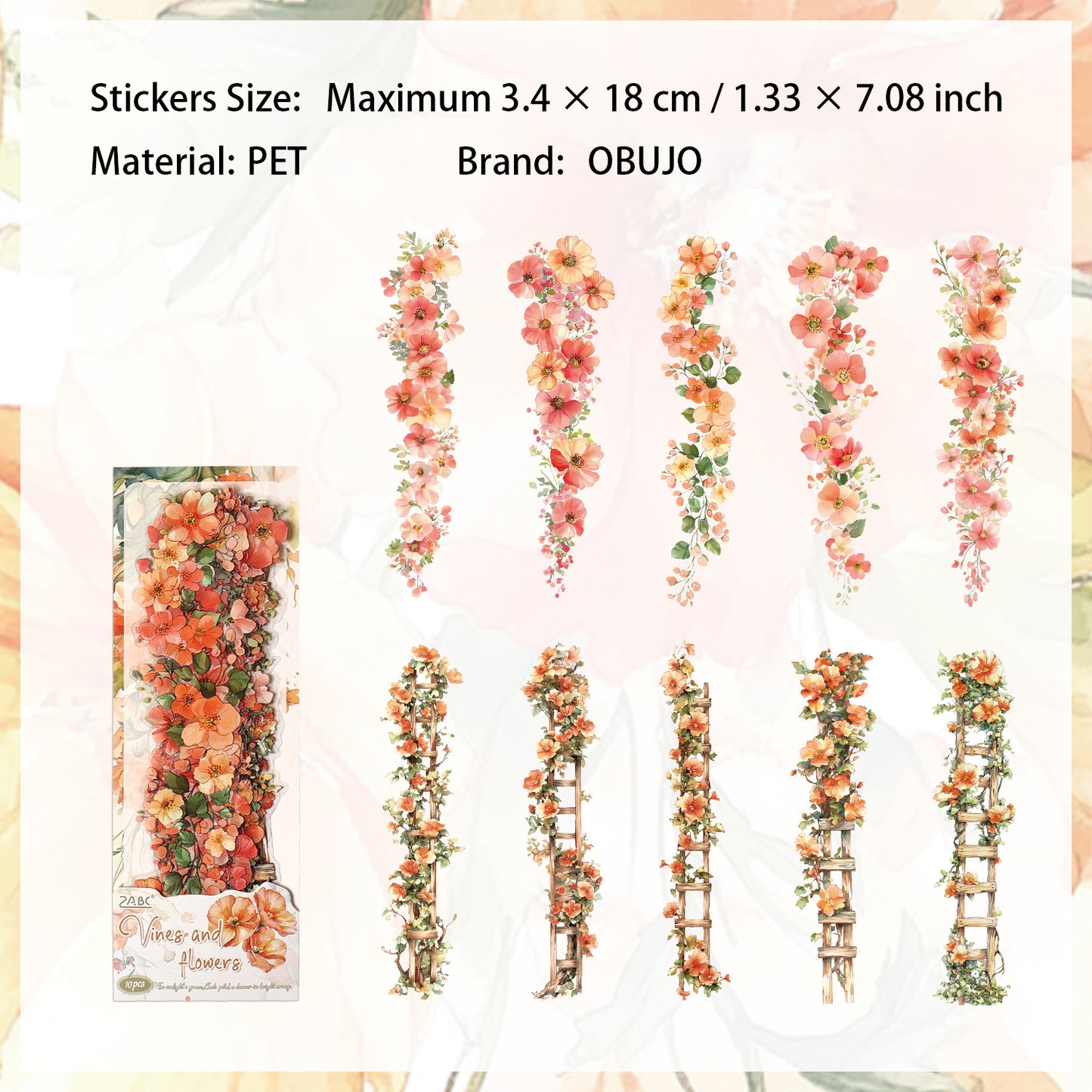 10 Pcs Flower Vine PET Stickers TQHX