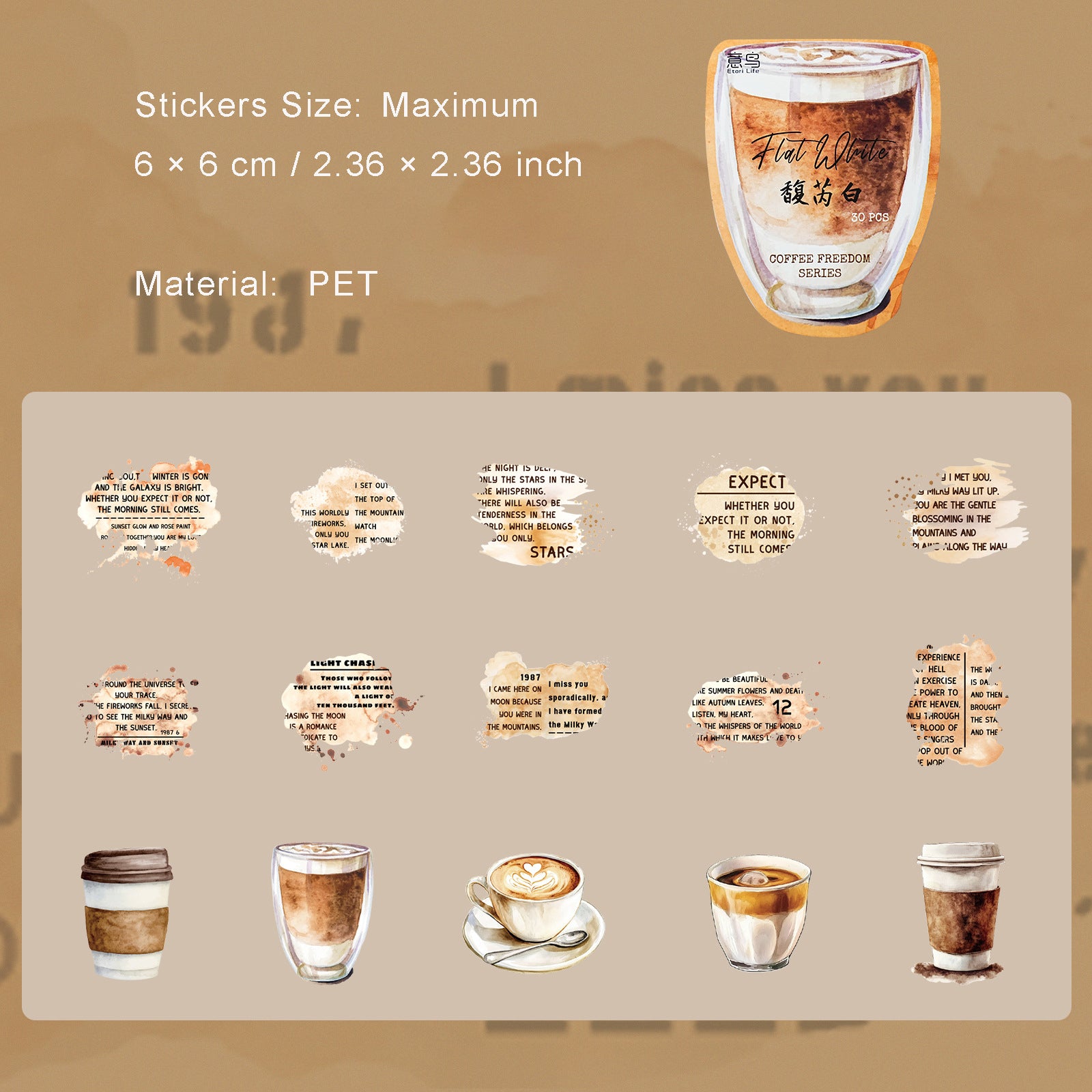 30 Pcs Coffee Words PET Stickers KFZY