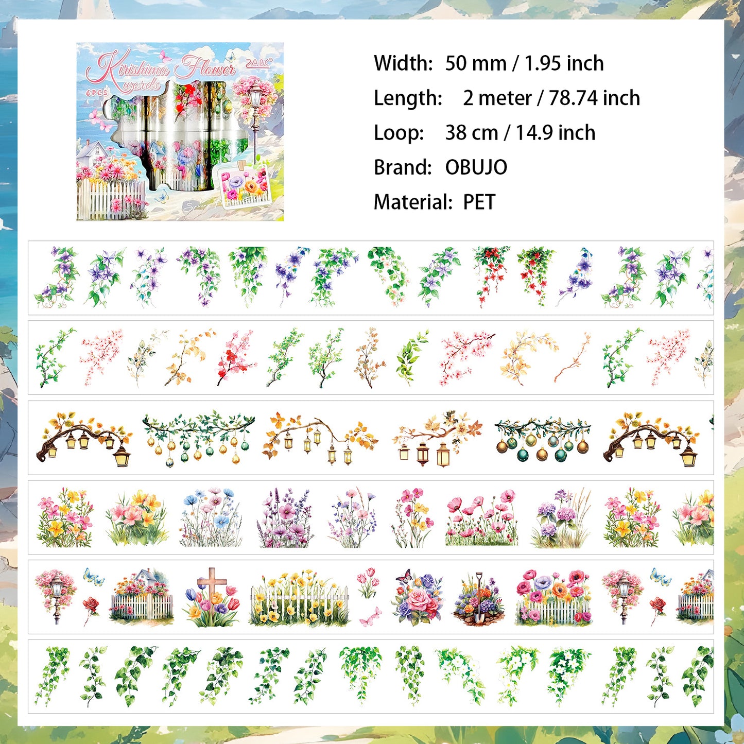 6 Rolls Flowers Vine PET Stickers Tapes Set CXHJ