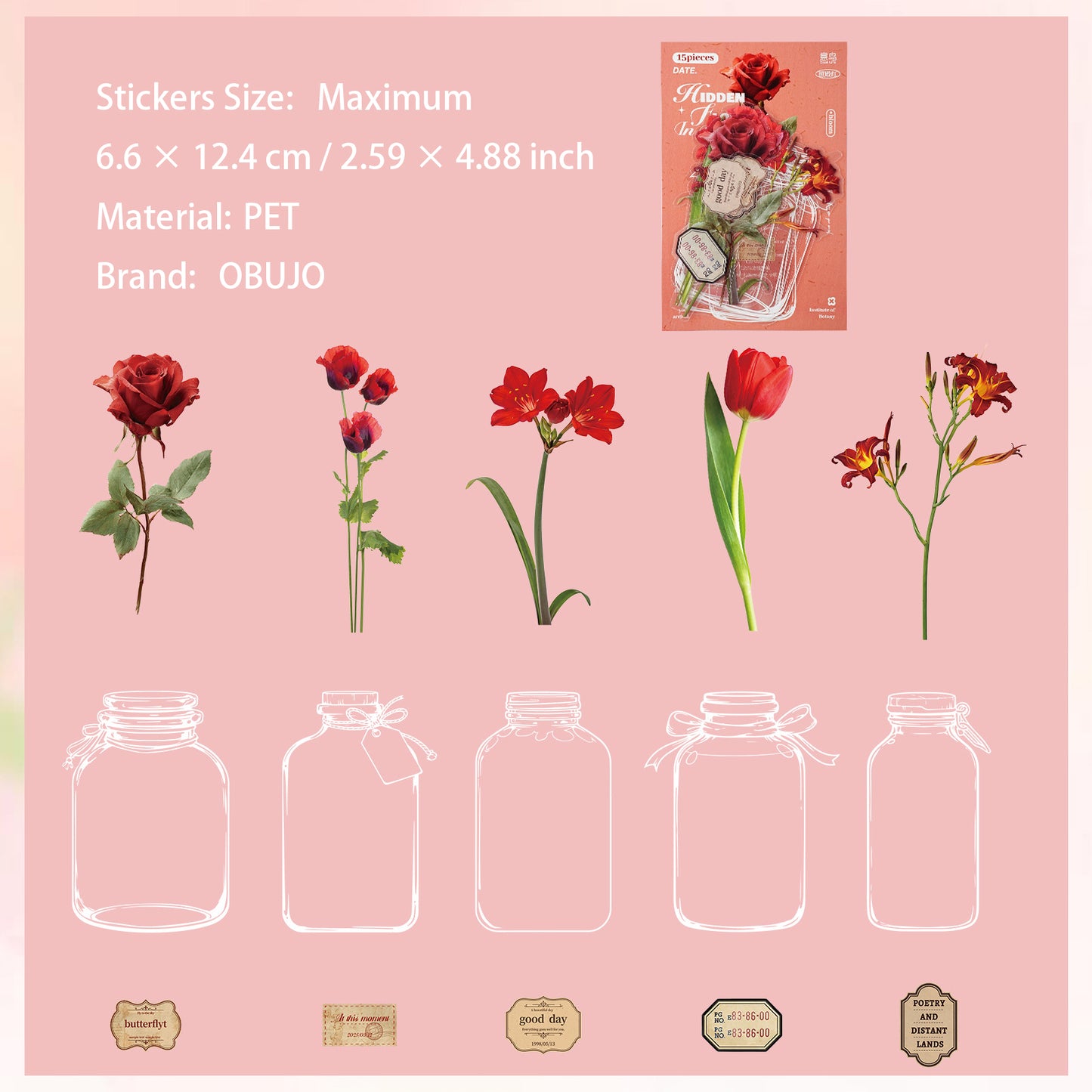 15 Pcs Flower Bottle PET Stickers CHRM