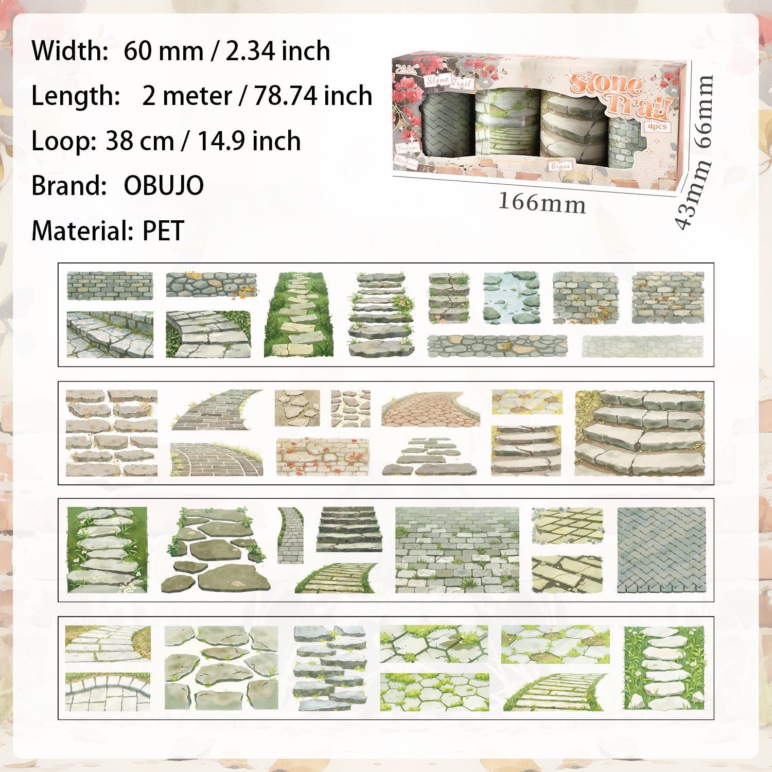 4 Rolls Pebble Path PET Stickers Tapes Set GDYXJ