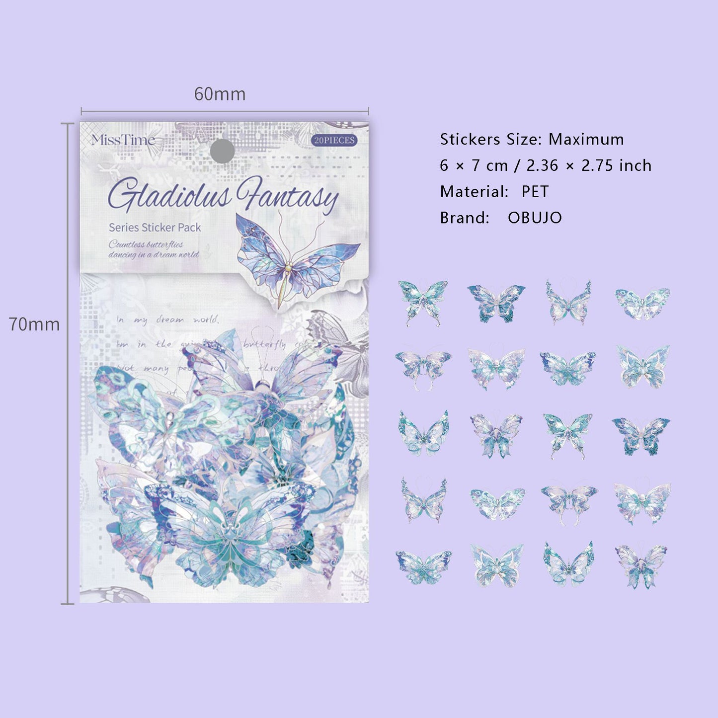 20 Pcs Shell Light Butterfly PET Stickers SYHD