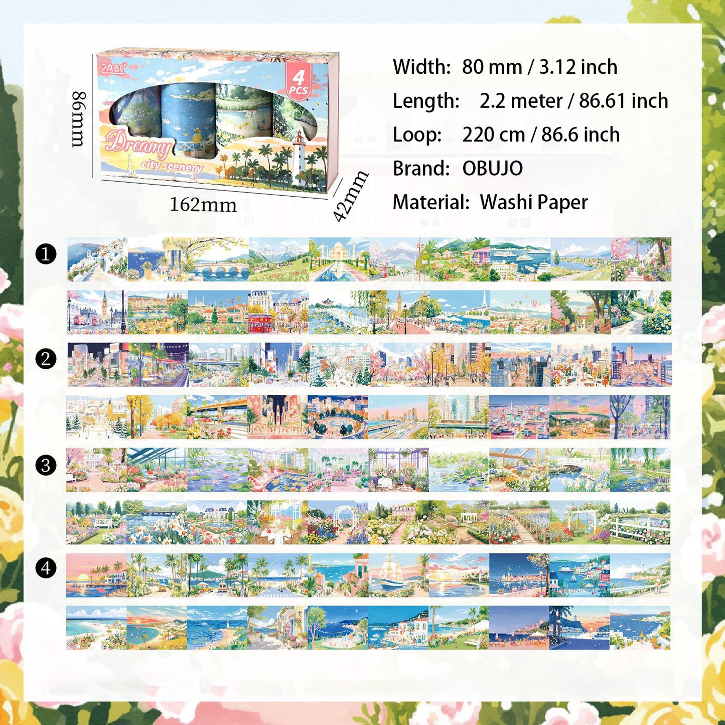4 Rolls Landscape Washi Tapes Set QQJG