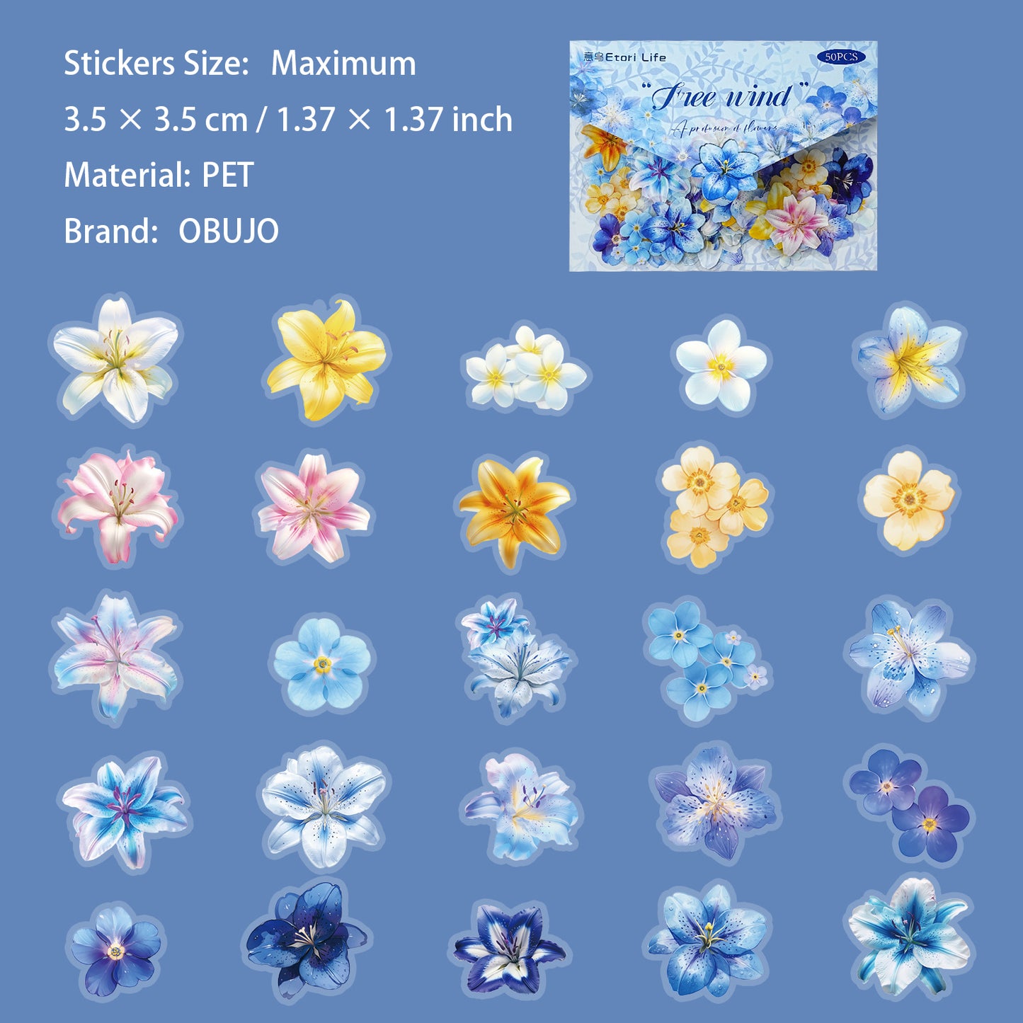 50 Pcs Flower Buttefly PET Stickers HSZDS