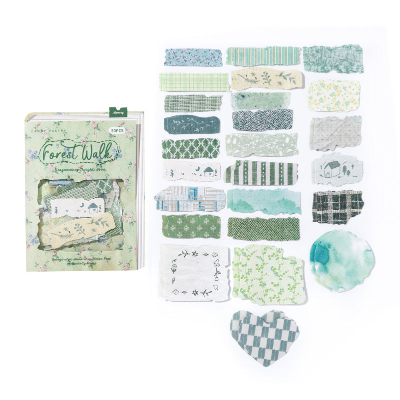50 Pcs Japanese Vintage Hand-Torn Washi & Linen Stickers - Forest Green