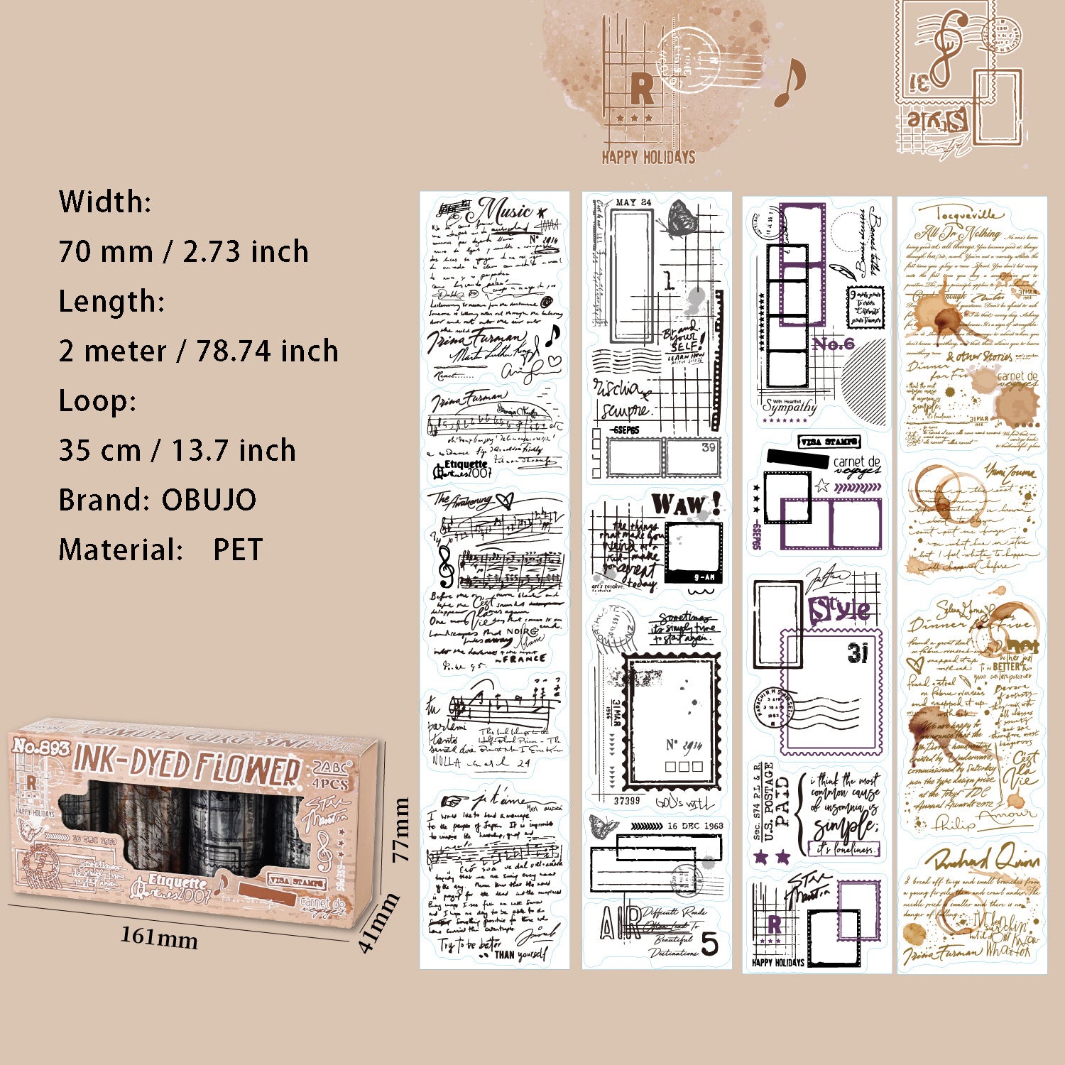 4 Rolls Vintage Letter PET Tapes Set SXWS