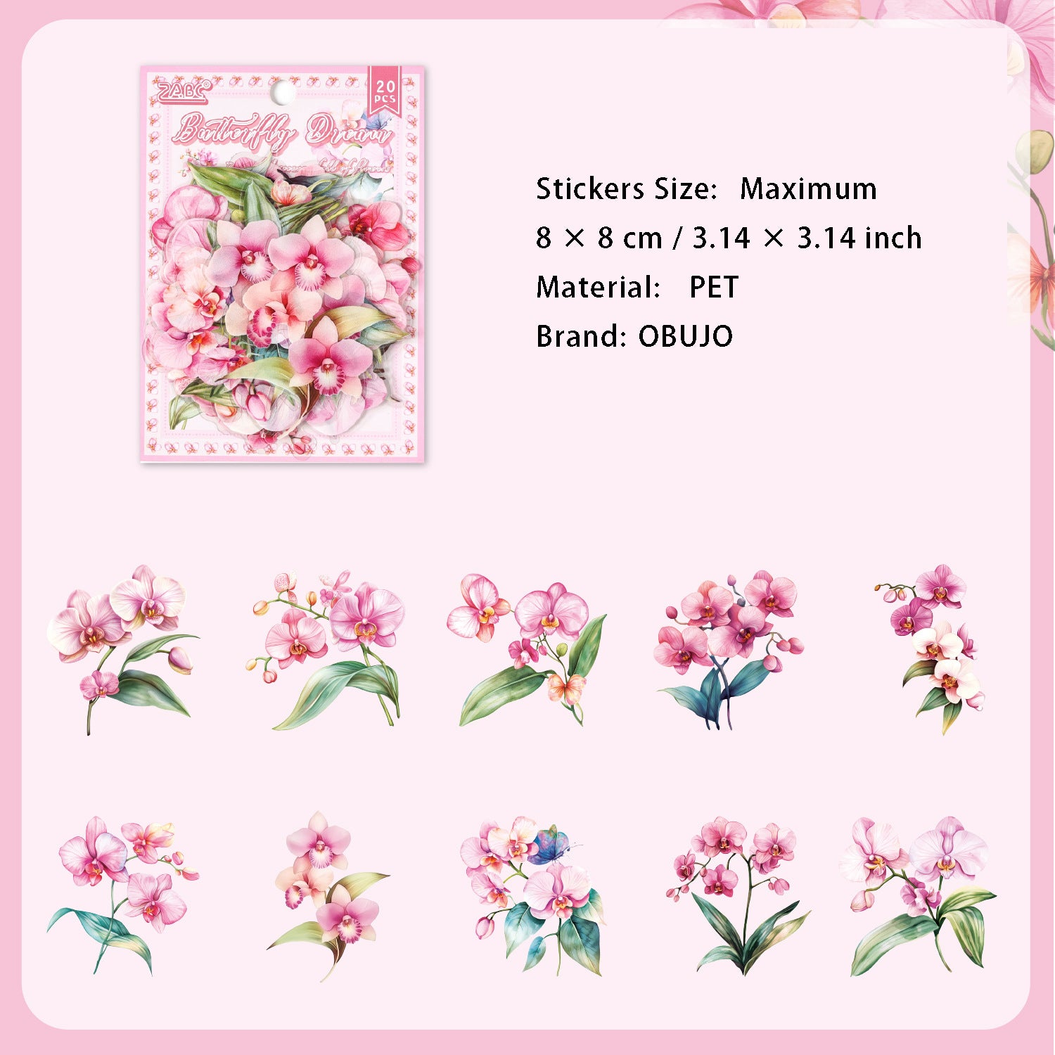 20 Pcs Pink Flower PET Stickers HMJJ