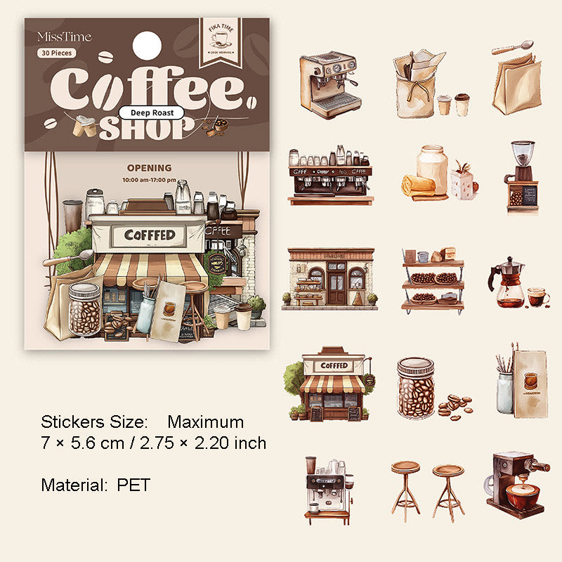 30 Pcs Coffee Shop Theme PET Stickers KFSD
