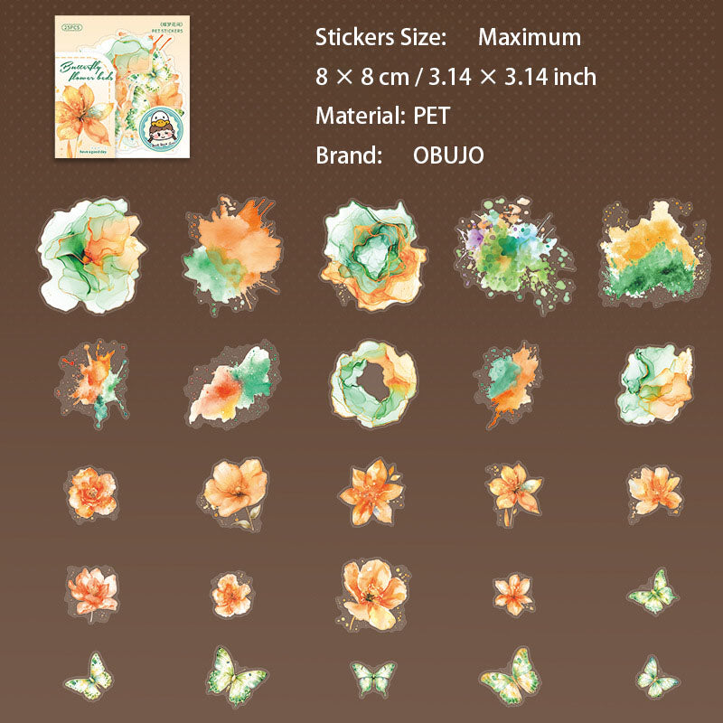 25 Pcs Watercolro Flower Butterfly PET Stickers DMHJ